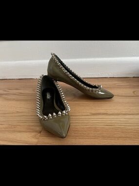 Ruthie Davis Olive Patent Pointed Flats with Silver Spike Trim
